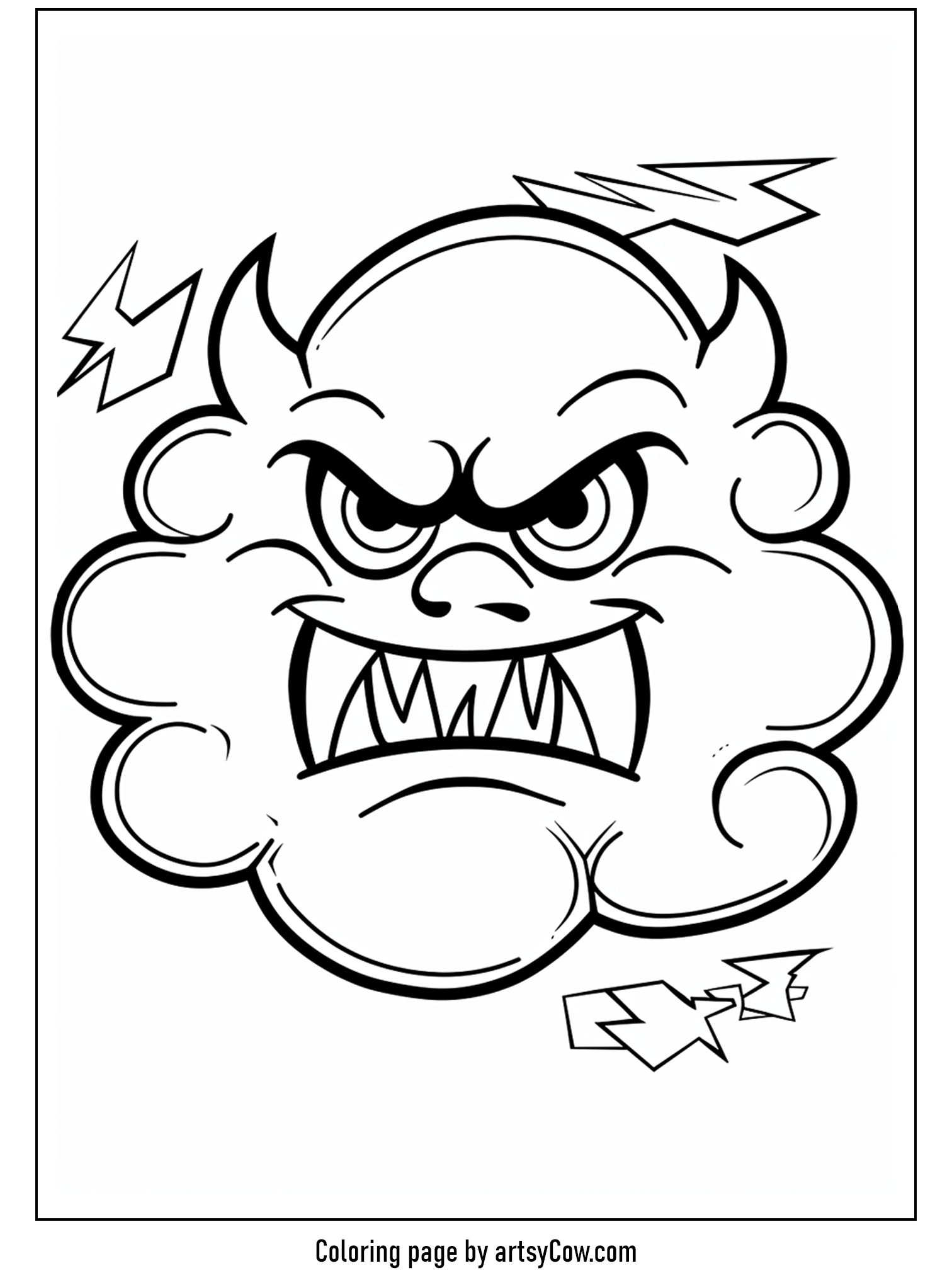 scary halloween coloring pages, cartoon style drawing of a menacing cloud with an angry face and lightning bolts.